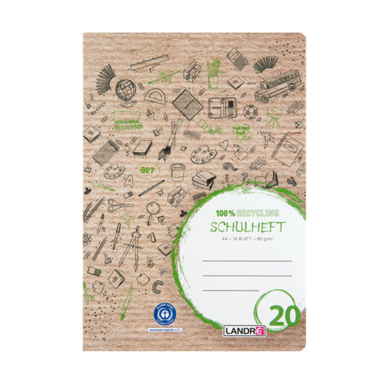 Recycling A4 2-fach Rückendrahtgeheftetes Schulheft | Lineatur 20 | 16 Blatt | Grün | Recycelt | Zeichenheft
